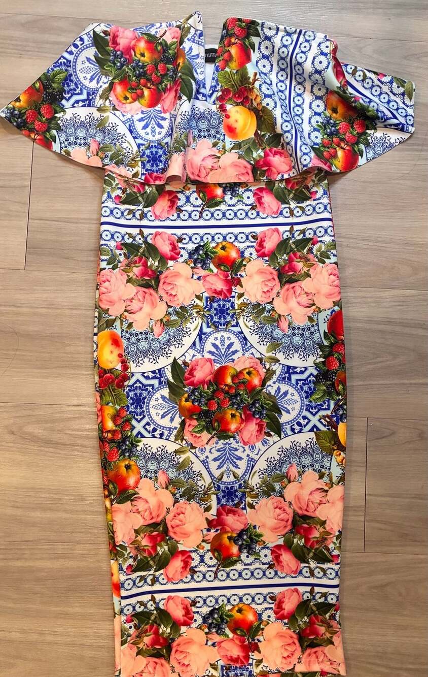 PrettyLittleThing Off-Shoulder Fruit & Majolica Tile Print Midi Dress